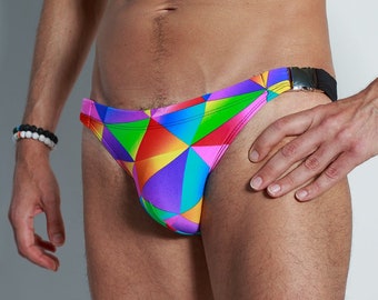 Men's Gay Swim Briefs Rainbow Connection with Silver Metal Buckles Pride Man Swimsuit Tanga Bikini