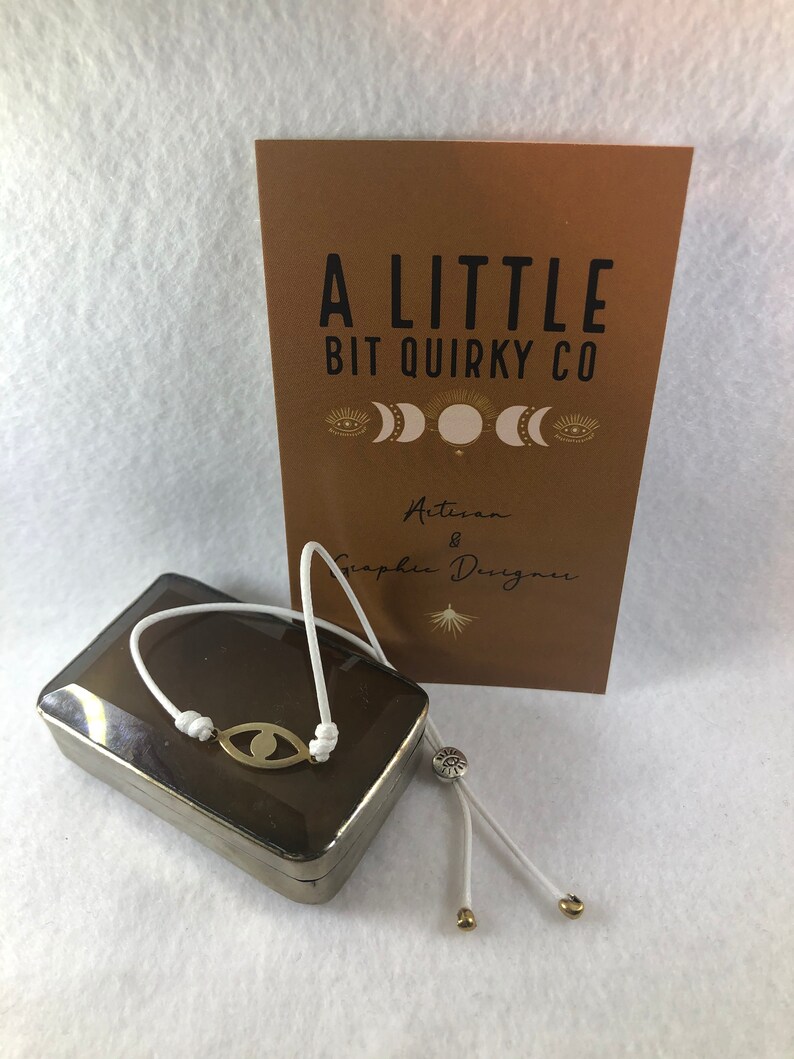 polished raw brass eye detail and silver plated evil eye bead Adjustable bracelet w Perfectly Imperfect.