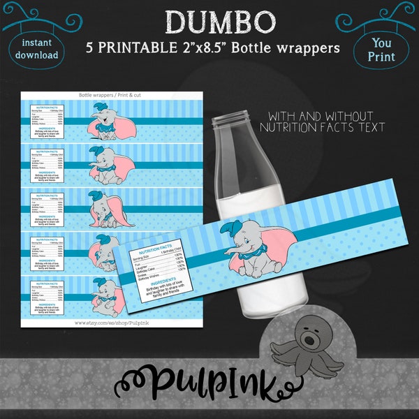 Dumbo Printable Bottle Wrappers Dumbo Party Decorations Blue Dumbo Printable Bottle Wrappers Instant Download  DBGC