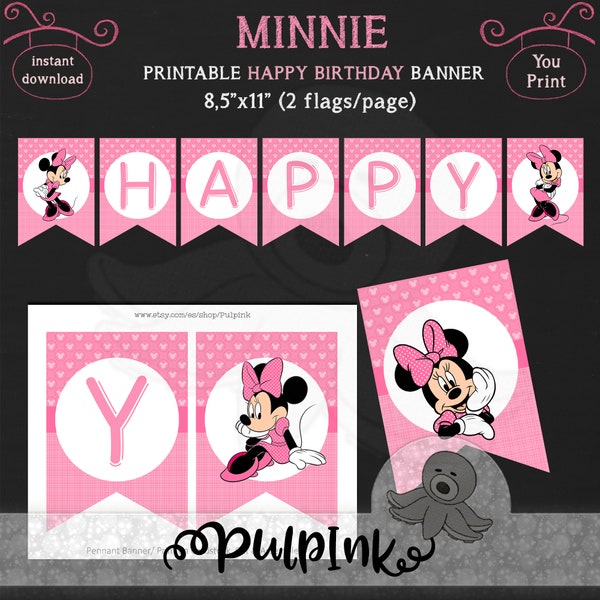 Minnie Mouse Banner Imprimible con texto FELIZ CUMPLE, Descarga Inmediata, Decoración de cumpleaños de Minnie, Fiesta Minnie digital