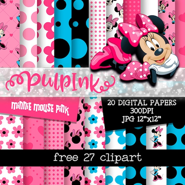 Maus Mädchen in Rosa digitale Papiere, Minnie Party, Geburtstagseinladung Hintergrund, Clipart, Instant Download, Pack #702, Pulpink Store