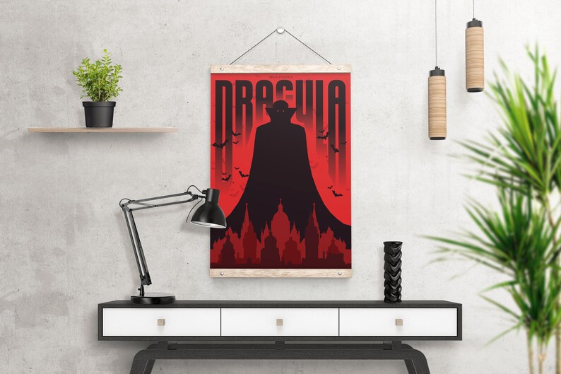 May include: A red and black poster with the word "Dracula" in large white letters. A silhouette of a vampire with a cape stands in front of a cityscape.