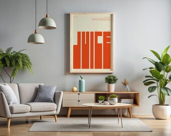 Modern Minimalist Juice Poster Set - Bold Typography Wall Art - Retro Orange Graphic Prints for Living Room, Kitchen or Cafe Decor (Digital)