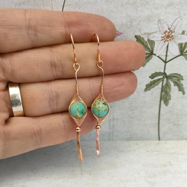 Copper Twisted Wire Wrapped Earrings with 8mm Turquoise Shell, Precious Gem Earrings, Gift for Mum, Hand Hammered Textured Jewellery.