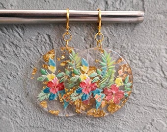 Oversized 90's Retro flower painted Earrings, Golden Huggie Hoops, Resin Dangle Drop Earrings, Gift for Mum .