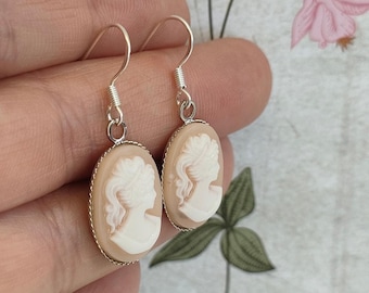 Greek Goddess Cameo Earrings, Cameo Earrings, Silver 925 Earrings, Peach and white Cameo Earrings, Oval Cameo Earrings.