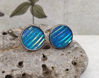 Blue Glitter Stud, Cute Stud, Mermaid scale stud, Small Blue Stripy Cabochon, Blue Sparkly Studs(12 mm)