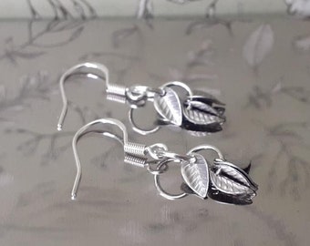 Silver Textured Leaf's, Cluster of Leaf Earrings, Small leaf Earrings, Cute Leaf earrings, Tiny Boho leaf Earrings (Silver 925 Hook