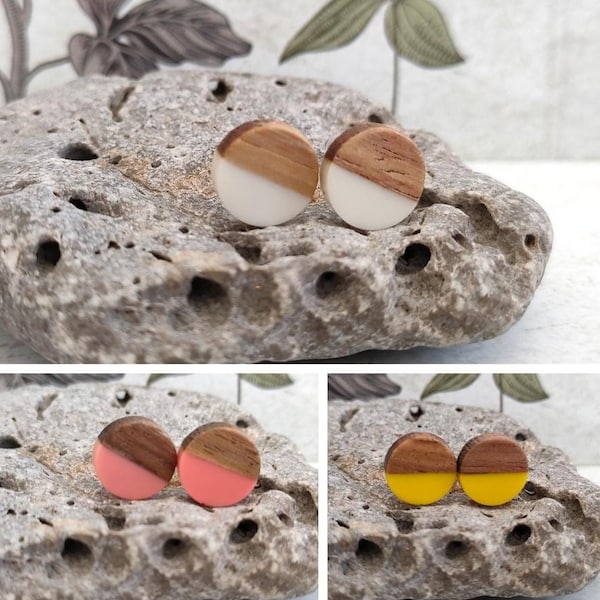 Wood and Resin Studs, Cute Eco Friendly Earrings, Multi coloured 10mm Small Studs