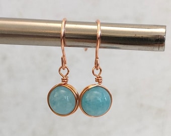 Pendientes colgantes de cobre y cianita azul, joyería de cobre, delicados pendientes minimalistas hechos a mano para ella.