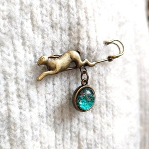 Antique Bronze Rabbit Brooch Pin with Blue Floral Vintage Print 12mm Glass Cabochon - Whimsical and Timeless Fashion Accessory