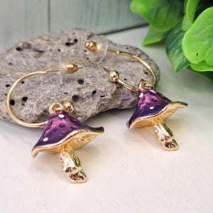 Purple Enamel Mushroom Earrings: Gold Half Hoop Hippie Jewelry