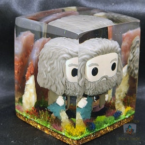 May include: A resin cube with a miniature figurine of a bearded man with gray hair. The figurine is surrounded by green, yellow, and red foliage and white crystals. The cube has a gold glitter border and the text "RESIN ROCK SHOP" on the bottom.