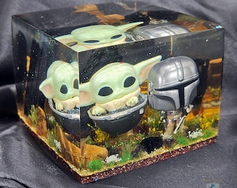 Mando and the Child Funko Pocket Pop | Collectable Gift | Star Wars | Mandalorian | Hand Crafted Diorama Resin Cube |  Custom Funko Display