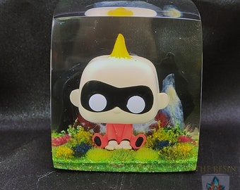 Baby Jack Jack Funko Pocket Pop in Resin Cube Diorama, The Incredibles Custom Funko Collectable, Office Desktop Collection, Superhero Gift
