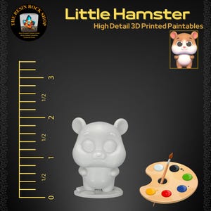 May include: A white, 3D-printed hamster figurine with large ears and a round body, ready to be painted. The image includes a paint palette with various colors and a paintbrush. Text reads "Little Hamster" and "High Detail 3D Printed Paintables".
