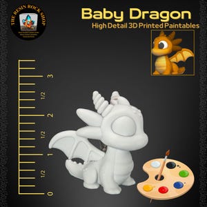 May include: A white, 3D-printed baby dragon figurine with closed eyes, wings, and horns, next to a paint palette and brush. The image includes the text "Baby Dragon High Detail 3D Printed Paintables". The dragon measures approximately 3 inches tall.