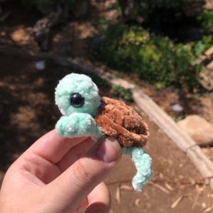 Puede incluir: Una figura de tortuga hecha a mano con cabeza y extremidades verde claro, caparaz&oacute;n marr&oacute;n y ojo negro. El peluche se sostiene contra un fondo borroso al aire libre.