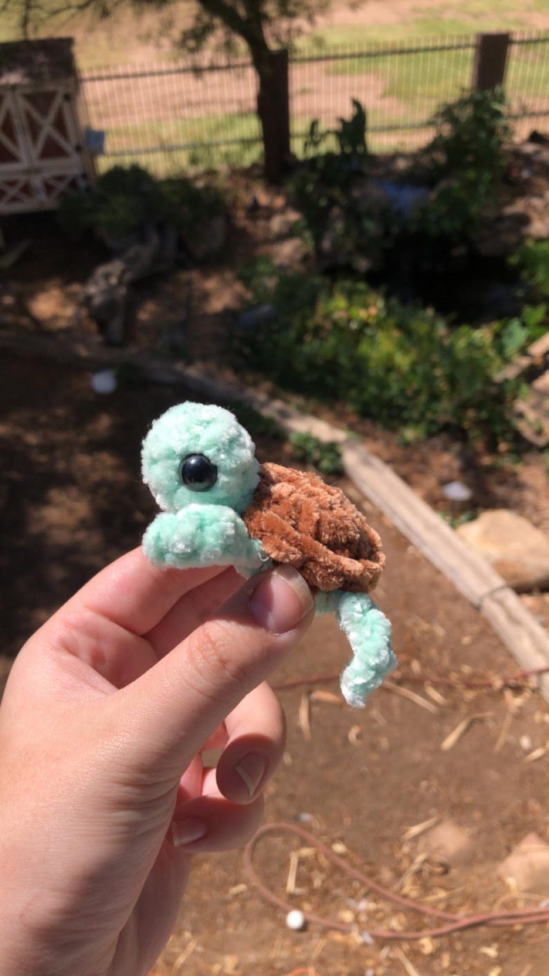 Puede incluir: Una figura de tortuga hecha a mano con cabeza y extremidades verde claro, caparaz&oacute;n marr&oacute;n y ojo negro. El peluche se sostiene contra un fondo borroso al aire libre.