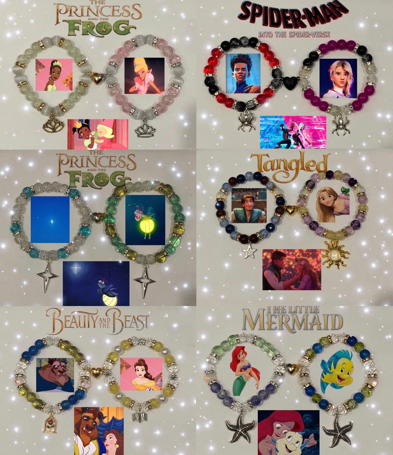 May include: Set of 10 colorful beaded bracelets with charms inspired by Disney movies. Each bracelet features a different movie title and characters, including The Princess and the Frog, Spider-Man: Into the Spider-Verse, Tangled, Beauty and the Beast, and The Little Mermaid.