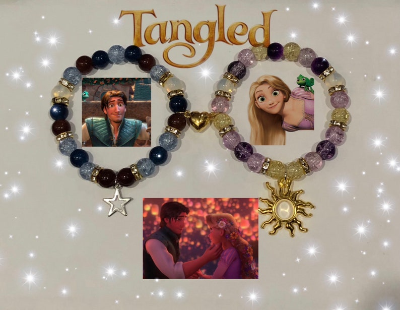 May include: Two matching bracelets with charms, one with a star and the other with a sun. The bracelets are made of purple, blue, and brown beads. The charms are gold. The bracelets are inspired by the Disney movie Tangled.