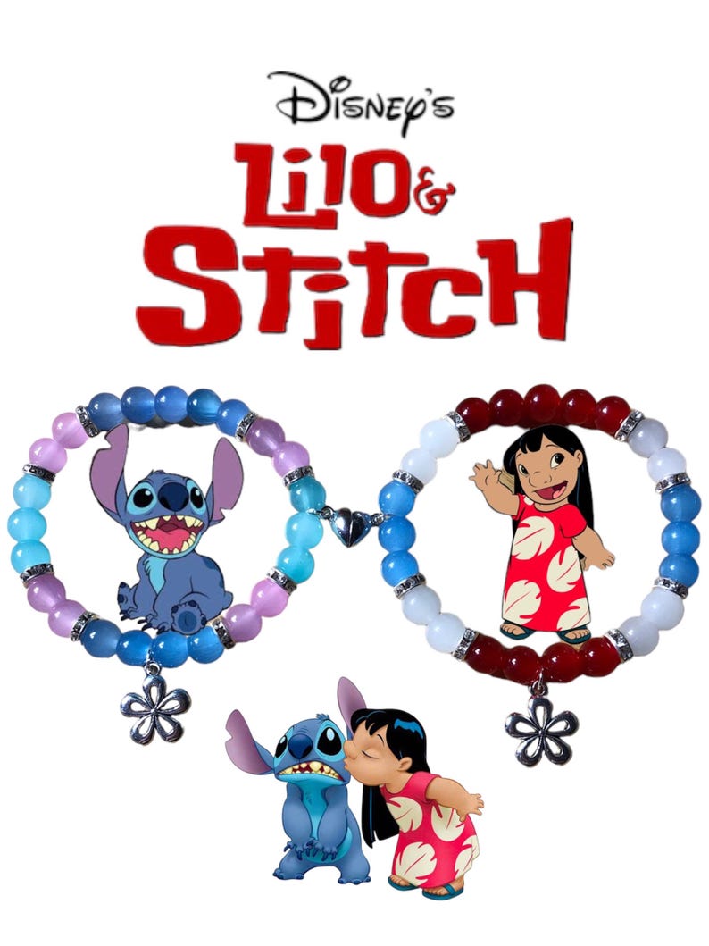 May include: Two matching bracelets with charms featuring Lilo and Stitch from Disney's Lilo & Stitch. The Stitch bracelet has blue, pink, and white beads with a silver flower charm. The Lilo bracelet has red, white, and blue beads with a silver flower charm.
