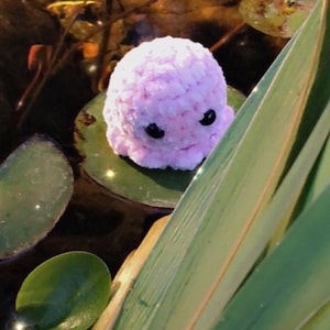 May include: A plush, pink octopus toy with black eyes rests on a lily pad in water. Green lily pads and long green leaves surround the octopus. The water's surface reflects light, creating a shimmering effect.