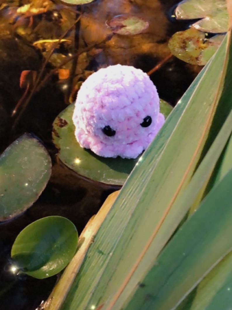 May include: A plush, pink octopus toy with black eyes rests on a lily pad in water. Green lily pads and long green leaves surround the octopus. The water's surface reflects light, creating a shimmering effect.