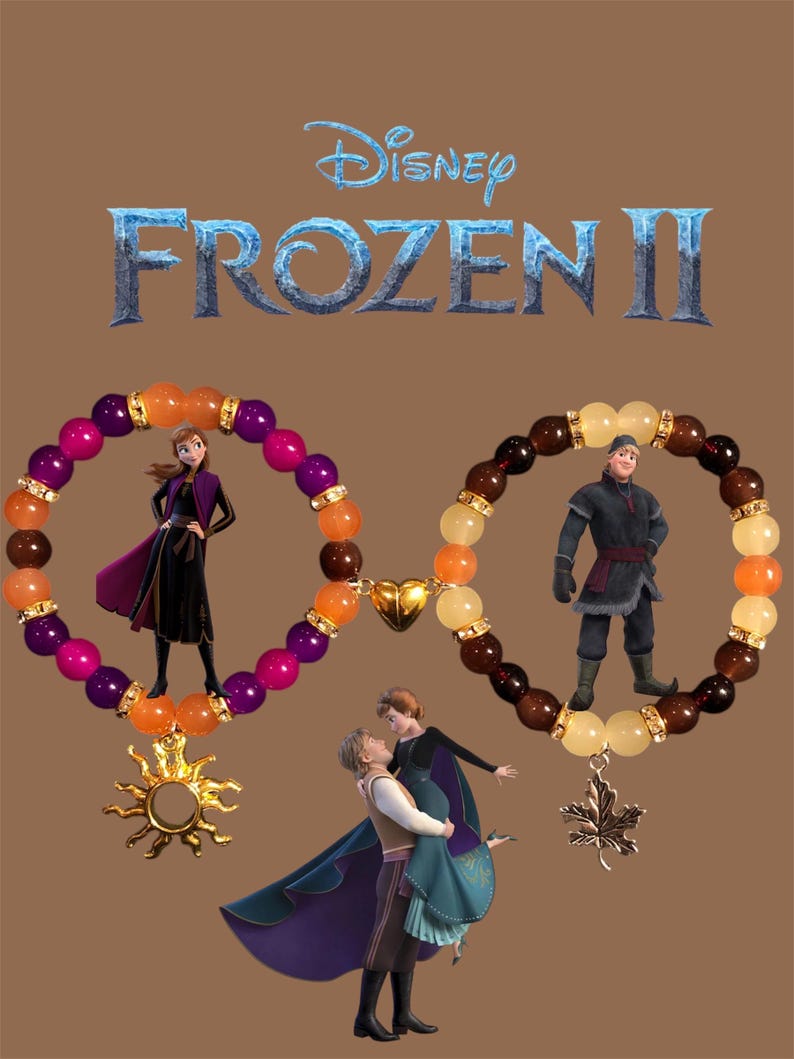 May include: Two beaded bracelets with charms, one with a sun and the other with a maple leaf. The bracelets feature images of characters from the Disney movie Frozen II, including Elsa, Anna, and Kristoff.