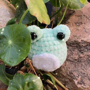 May include: A light green crocheted frog with large black eyes and a white belly, nestled among green lily pads and foliage. The handmade plush toy is a whimsical, nature-themed item.