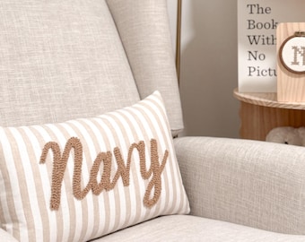 Neutral Beige Striped Cushion | Handmade Punch Needle Nursery Decor | Handmade Emboroidered