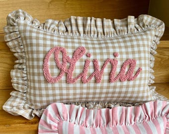 Personalised Cushion Gift: Teddy Gingham Handmade Ruffled Pillow With Insert