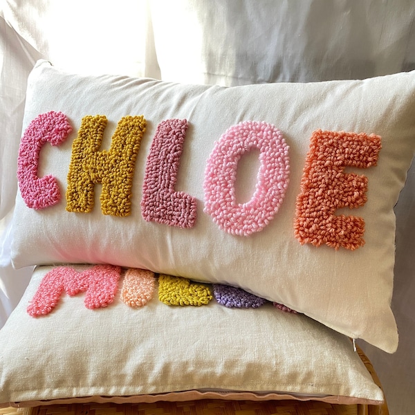 Personalised Punch Needle Decorative Cushion | Kids Room Decor Name Pillow | Unique Baby Room Nursery Initial Decoration Gift