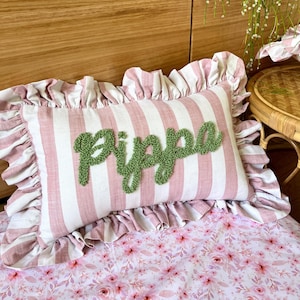 PINK STRIPES Personalised Ruffled Cushion -Handmade Punch Needle Decor | Boho Nursery Kids Children Room Styling | Custom Gift Baby Shower