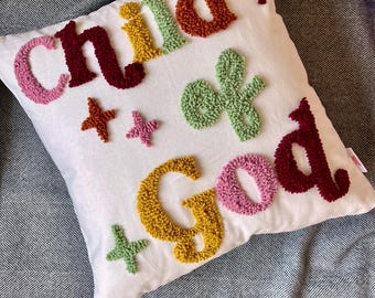 Child of God Cushion Room Decoration | Handmade Punch Needle Embroidery | Christian Quote  Gift