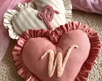 Dusty Pink Heart-shaped Initial Cushion | Whimsy Personalised Ruffled Pillow | Custom Kids Nursery Cottagecore Decor | Punch Needle Handmade