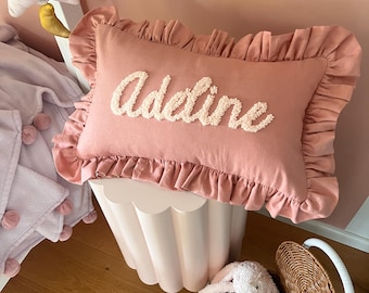 Dusty Pink Personalised Ruffled Cushion Handmade Punch Needle Decor | Nursery Kids  Room Styling | Custom Gift Baby Christmas