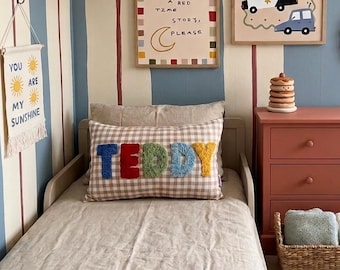 Personalized Gingham Cushion | Handmade Punch Needle Nursery Decor