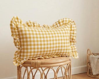 Gingham Ruffled Cotton Cushion Cover Handmade  Decor | Custom Size Pillow | Cottagecore Kids  Room Styling | Dopamine Decor