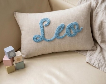 Light Cream Linen Cushion with Name Personalised Punch Needle Decorative Cushion | Kids Room Decor Neutral Colour |  Baby Room Nursery