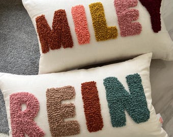 Personalised Punch Needle Cushion | Jewel Toned Kids Decor Name Pillow | Baby Shower Room Nursery Decoration Boys Birthday Gift