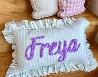 MINT STRIPES Personalised Ruffled Cushion Handmade Punch Needle Decor | Gingham Nursery Kids Children Room Styling | Custom Gift Baby Shower