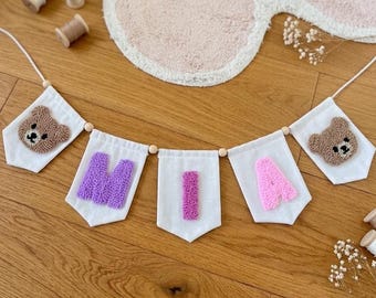 Personalised Bunting Wall Decoration | Nursery Kid's Room Custom Name | Girls Boys Handmade Punch Needle Tufted Banner Flag