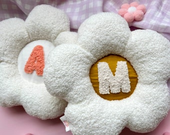 Daisy Initial Cushion | Personalised Boucle Pillow | Fluffy Kids Nursery Decor | Moon Pillow | Punch Needle Name Pillow