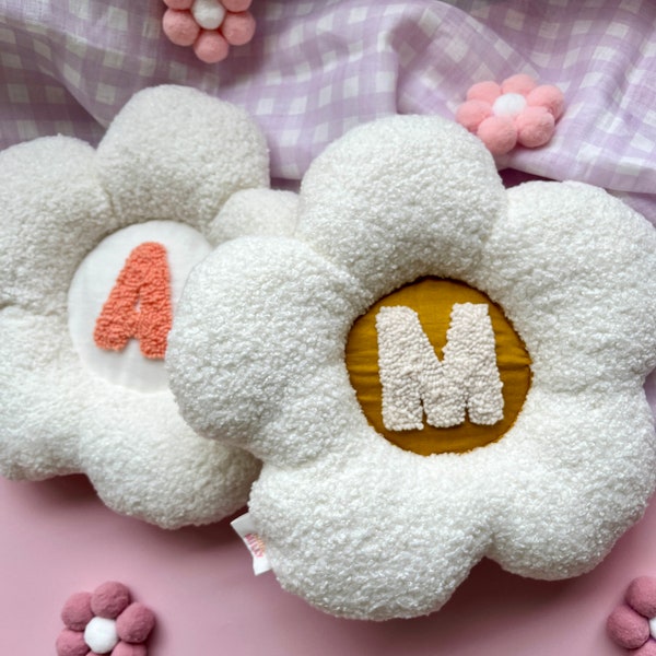 Daisy Initial Cushion | Personalised Boucle Pillow | Fluffy Kids Nursery Decor | Moon Pillow | Punch Needle Name Pillow