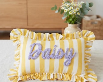 YELLOW STRIPES Personalised Ruffled Cushion Handmade Punch Needle Decor | Nursery Kids  Room Styling | Custom Gift Baby Christmas