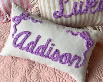 Double Bows- Personalised Punch Needle Decorative Cushion | Kids Room Decor Name | Girls Ballerina Room Nursery Coquette Decoration Gift
