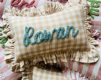 SAND GINGHAM Personalised Ruffled Cushion Handmade Punch Needle Decor | Gingham Nursery Kids Children Room Styling | Custom Gift Baby Shower
