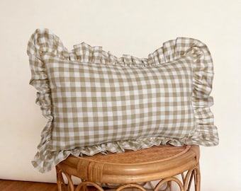 Handmade Gingham Cotton Ruffled Cushion Cover | Custom Pillow Case, Cottagecore Decor