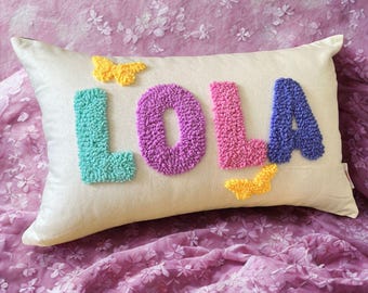 Butterfly Personalised Punch Needle Decorative Cushion | Kids Decor Name Pillow | Baby Shower Room Nursery Decoration Girls Birthday Gift